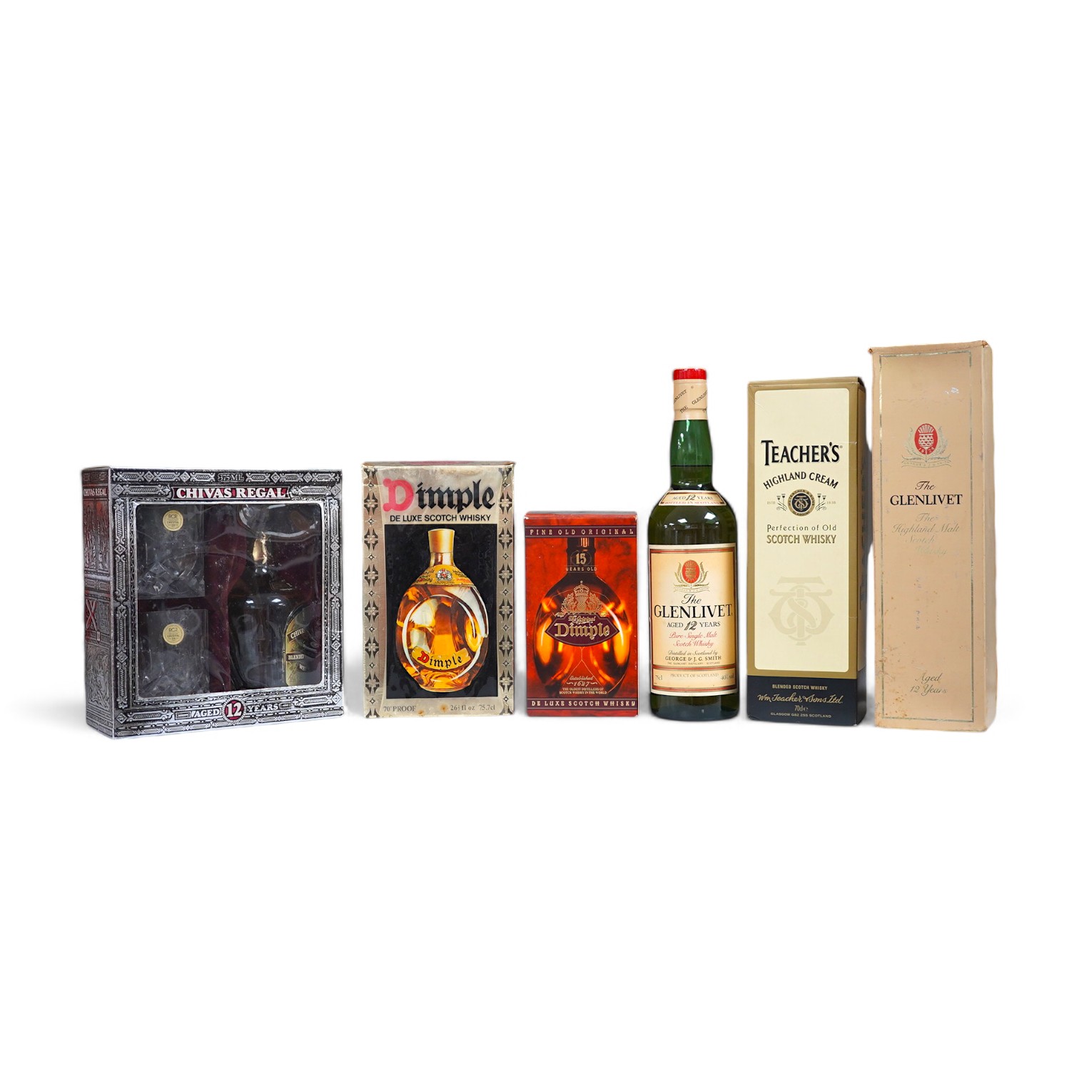 Six bottles of various whiskies to include two bottles of 12 year Glenlivet (one boxed). Condition - unknown